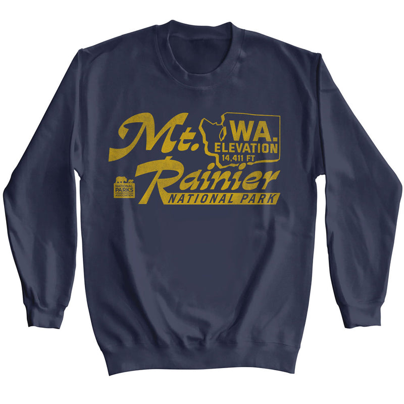 Navy sweatshirt featuring a gold 'Mt. Rainier' graphic with WA. outline, 14,411 FT elevation, and National Parks logo.