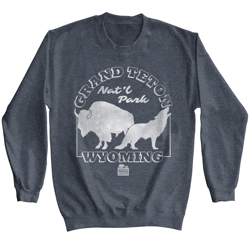 Heather navy sweatshirt featuring white bison and howling wolf silhouettes with the text 'Grand Teton Nat'l Park Wyoming' in white.