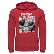 Red version of the Creature from the Black Lagoon hoodie with the same design and the text 'Swim at your own risk!' in white below.