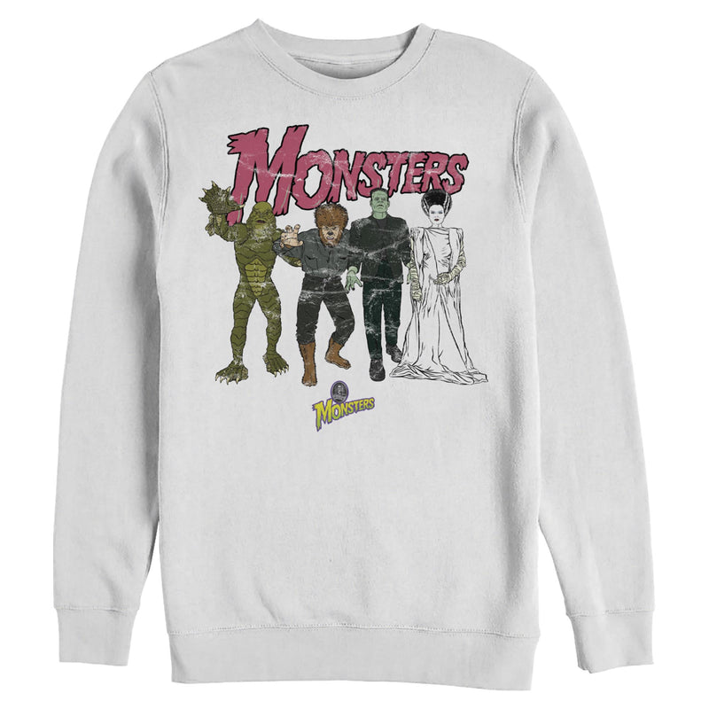 White sweatshirt featuring the Creature, Wolf Man, Frankenstein's monster, and Bride with the text 'MONSTERS' in pink above them.