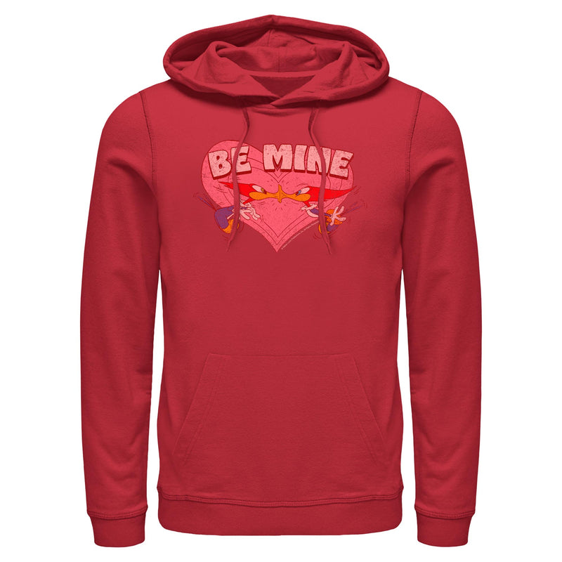Red hoodie featuring a pink heart with Woody Woodpecker's angry face peeking out with the text 'BE MINE' in white above it.