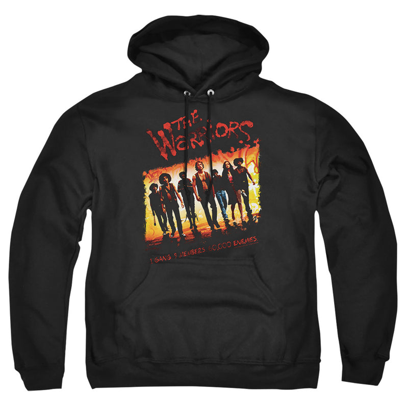 Black hoodie featuring gang members walking against a fiery orange backdrop with the text 'The Warriors' in red above them.