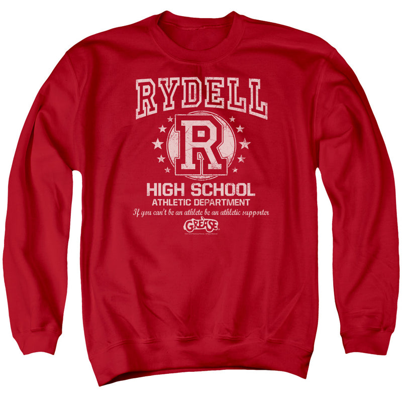 Red crew-neck sweatshirt featuring a large varsity R logo with the text 'RYDELL' above it and 'HIGH SCHOOL ATHLETIC DEPARTMENT' below in white.