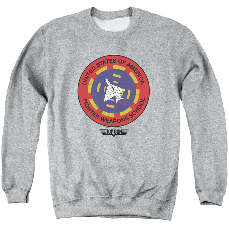 Athletic heather gray sweatshirt featuring a white jet over a target with the text 'Fighter Weapons School' in black.