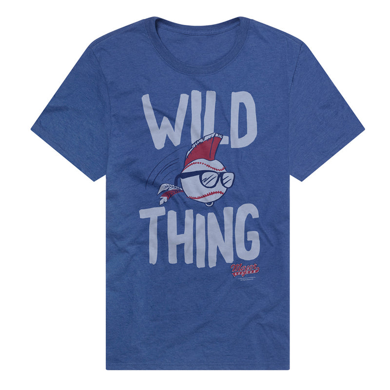 Royal blue t-shirt featuring a baseball with red stitching, red mohawk, and sunglasses with the text 'WILD THING' in white above and below it.