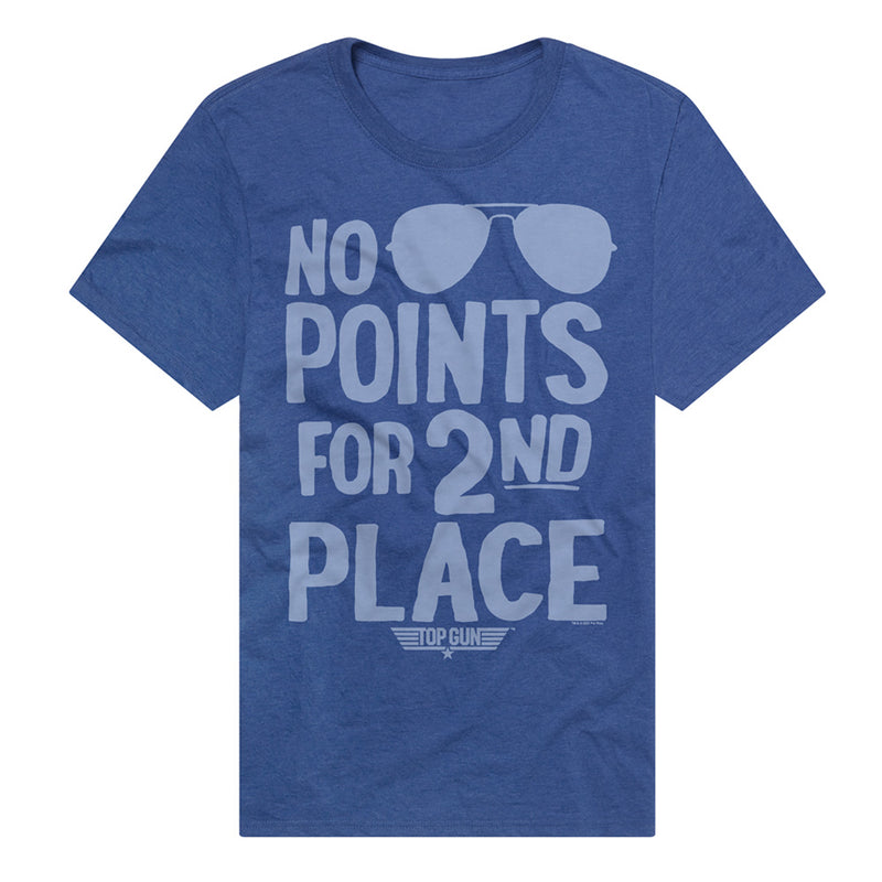 Heather blue t-shirt featuring aviator sunglasses and Top Gun logo with the text 'NO POINTS FOR 2ND PLACE' in light blue across the chest.