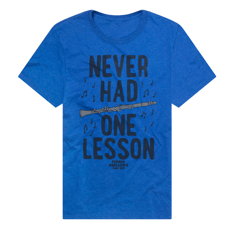 Royal blue t-shirt featuring a clarinet and music notes with the text 'NEVER HAD ONE LESSON' in navy across the chest.