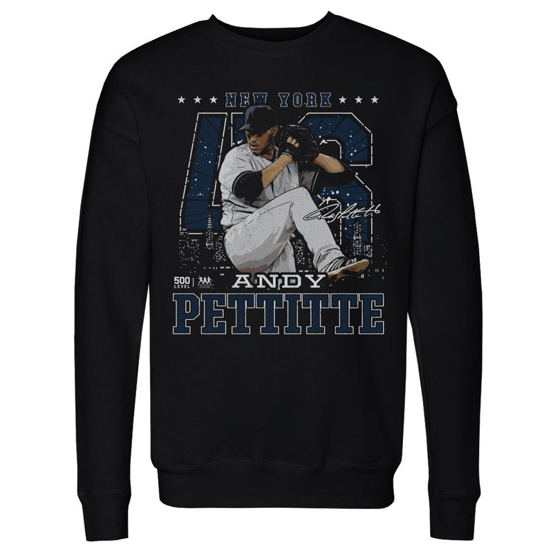 Black crewneck sweatshirt featuring Andy Pettitte mid-pitch in a gray New York uniform with the text 'NEW YORK' in blue above and 'ANDY PETTITTE' below.