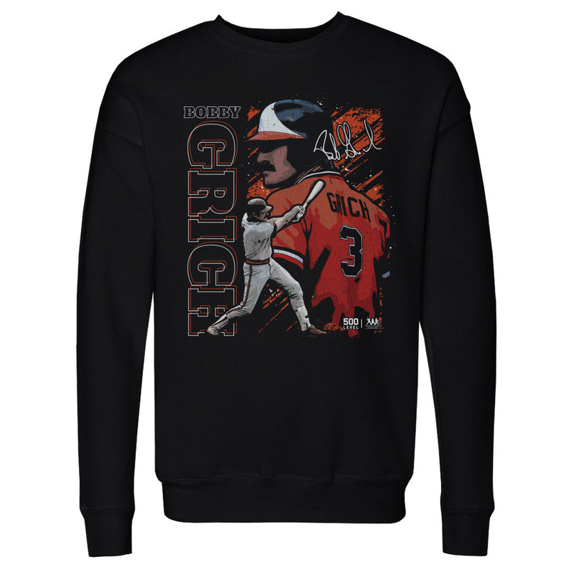 Black crewneck sweatshirt featuring Bobby Grich batting over a picture of himself in a red number 3 jersey with white vertical text 'BOBBY GRICH' on the left.
