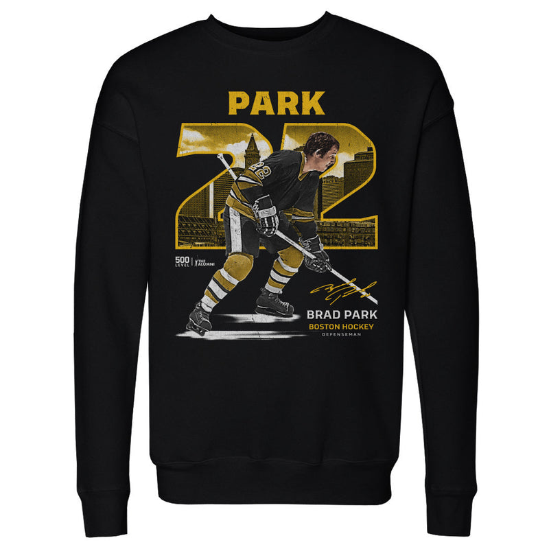 Black crewneck sweatshirt featuring Brad Park in a gold-and-black jersey with large gold number 22 and the text 'BRAD PARK' above.