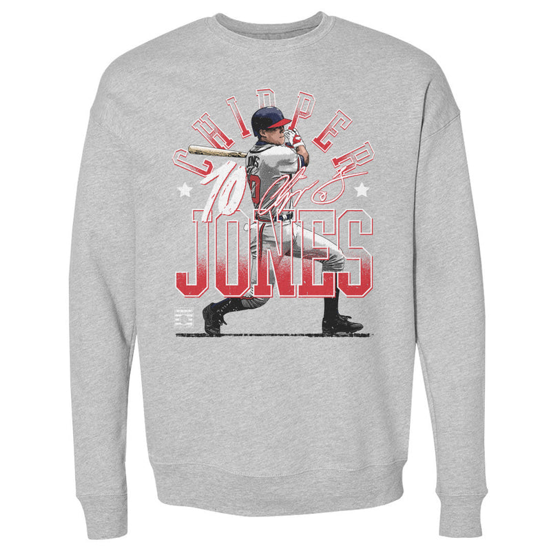 Heather gray sweatshirt featuring a Chipper Jones batting illustration with the text 'CHIPPER JONES' in red above and below him.