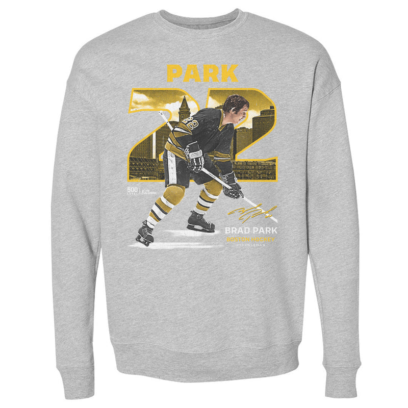 Heather gray crewneck sweatshirt featuring Brad Park in a gold-and-black jersey with large gold number 22 and the text 'BRAD PARK' above.
