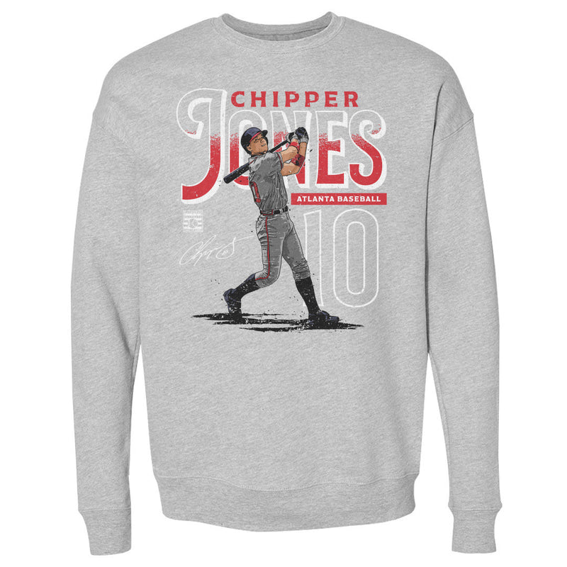 Heather gray sweatshirt featuring an illustrated Chipper Jones mid-swing with the text 'CHIPPER JONES' in red and white above a large number 10.