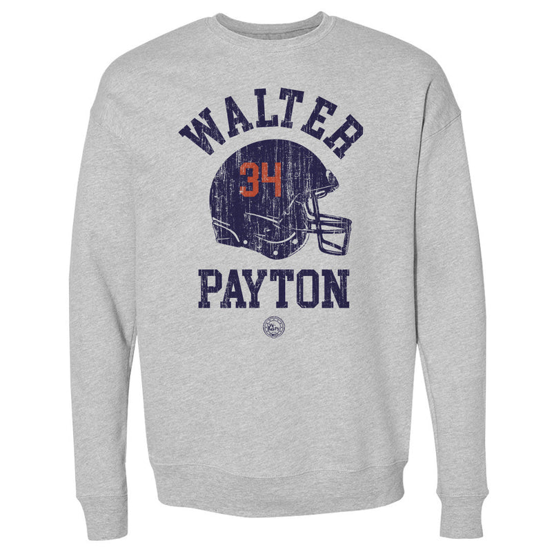 Heather gray sweatshirt featuring a navy football helmet with an orange 34 and the text 'Walter Payton' in navy around it.
