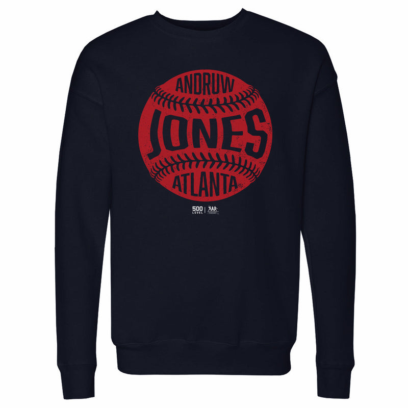 Navy crewneck sweatshirt featuring a large red baseball with the text 'ANDRUW JONES' and 'ATLANTA' in navy across its center.