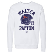 Back view of white crew neck sweatshirt featuring a navy blue football helmet with the number 34 in orange and the text 'WALTER PAYTON' in navy.