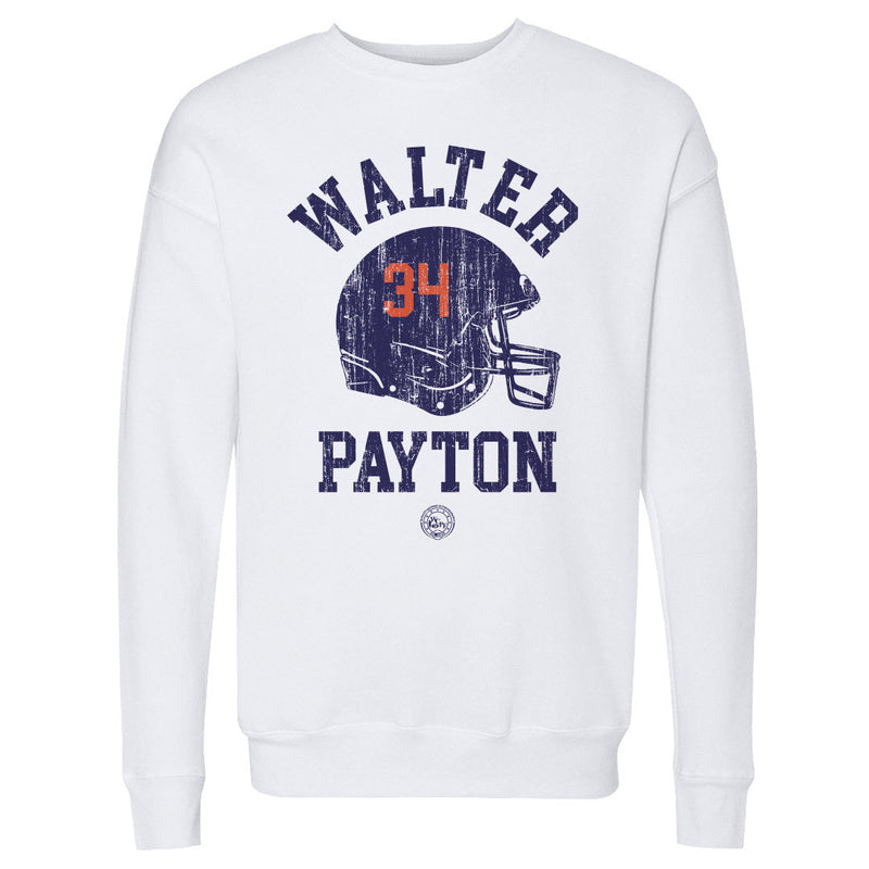 Back view of white crew neck sweatshirt featuring a navy blue football helmet with the number 34 in orange and the text 'WALTER PAYTON' in navy.