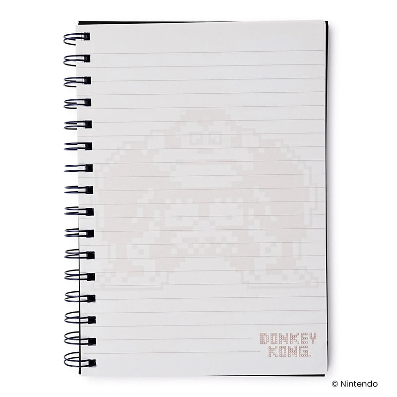 Right side of the notebook showing a lined page with faint Donkey Kong pixel artwork and a small red 'DONKEY KONG' logo in the lower right.