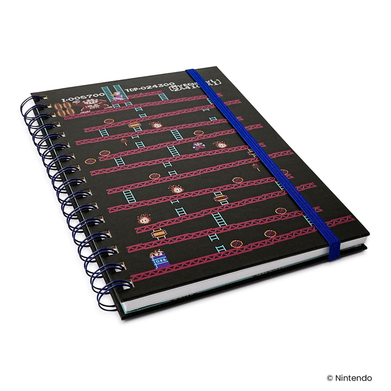 Angled view of the black notebook cover showing the Donkey Kong arcade screen and blue elastic closure.