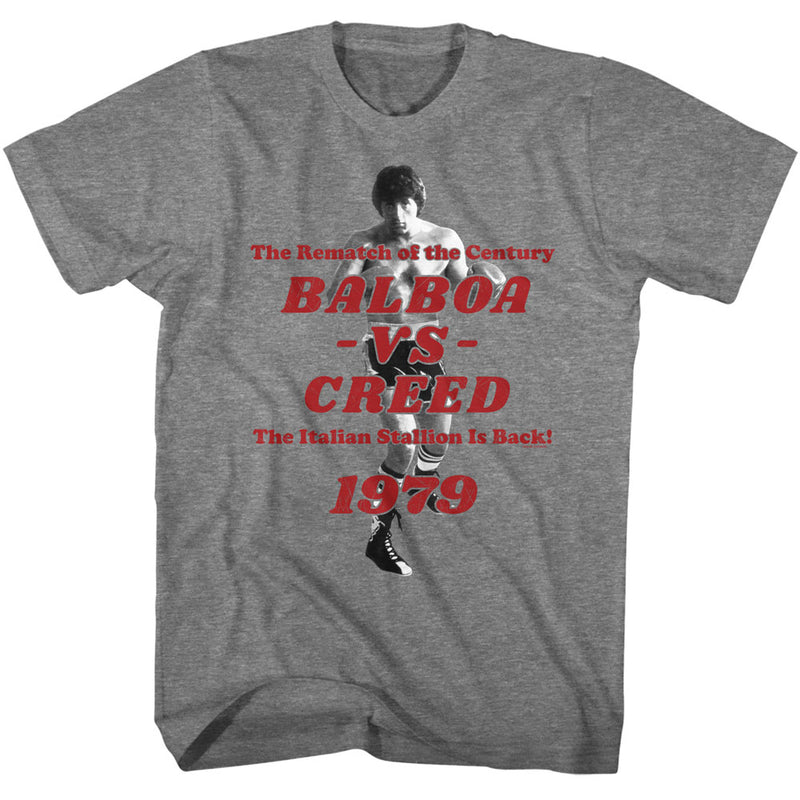 Heather gray short-sleeved t-shirt featuring a black-and-white photo of a boxer with the text 'Balboa VS Creed' in red.