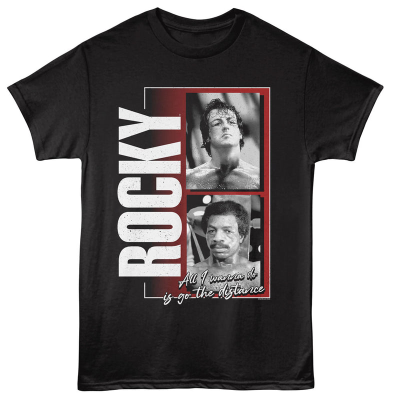 Black short-sleeved t-shirt featuring Rocky photos with the text 'ROCKY' in white and 'All I wanna do is go the distance' in white script.