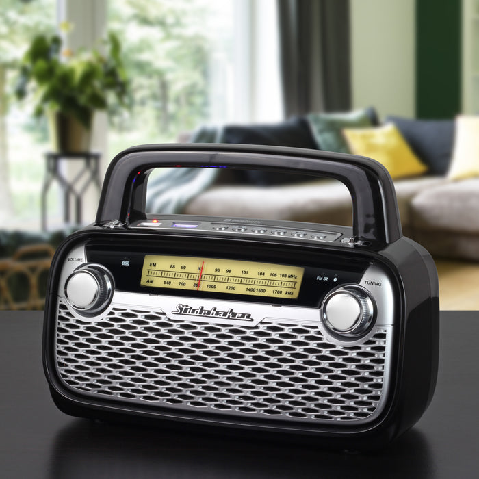 Studebaker AM/FM Portable Radio with Bluetooth, Rechargeable Battery, and High Power