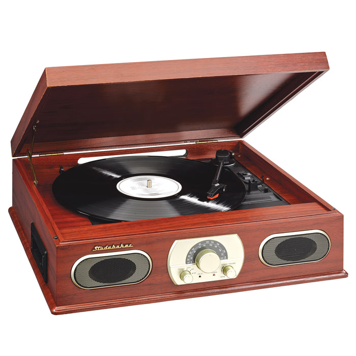 Studebaker Wooden Turntable with AM/FM Radio & Cassette Player