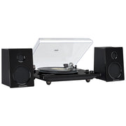 Black Studebaker Studio 88 turntable with a clear dust cover, flanked by two black bookshelf speakers, with the text 'Studebaker' in white script on the speaker bases.