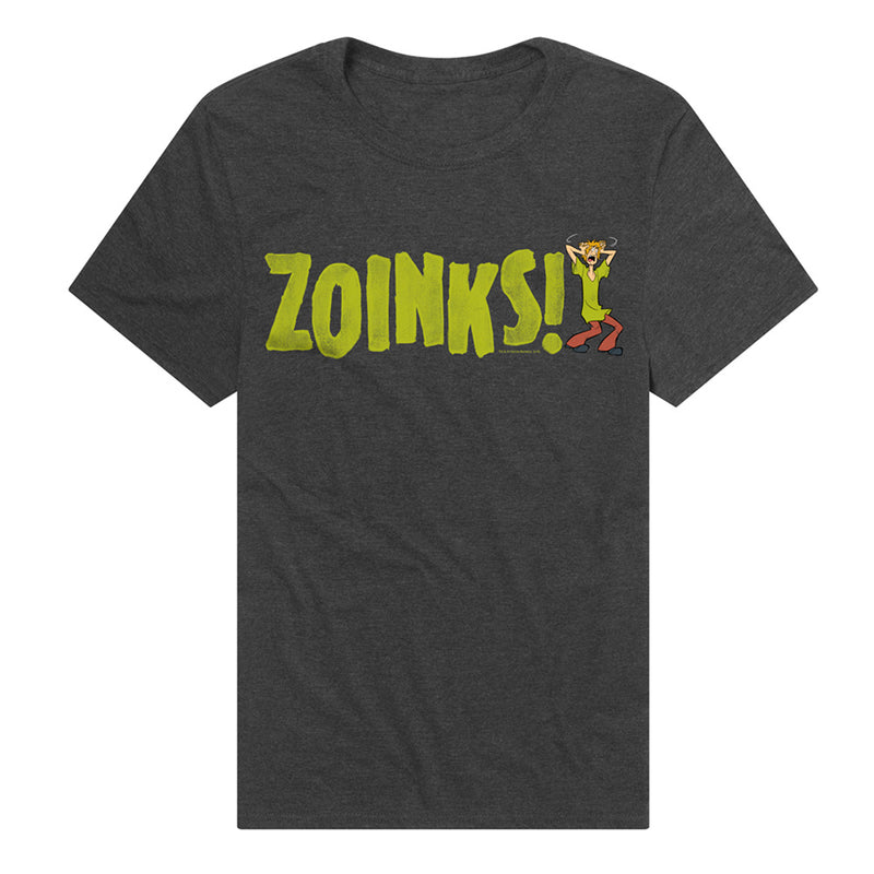 Dark heather gray t-shirt featuring a Shaggy character with arms raised and the text 'ZOINKS!' in large lime green letters beside him.