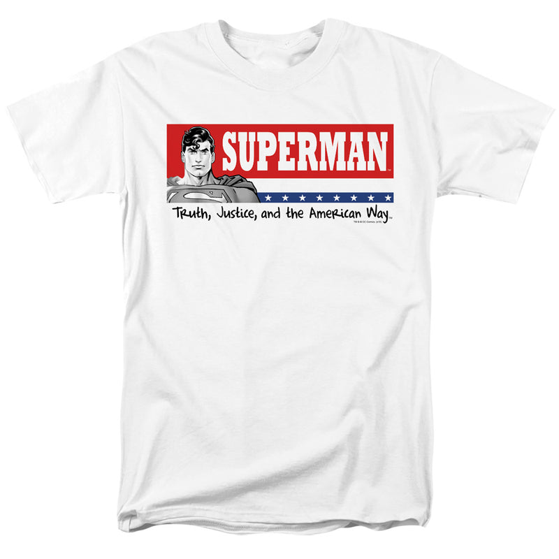 White t-shirt featuring Superman in a red banner with the text 'SUPERMAN' in white and 'Truth, Justice, and the American Way' in black below.