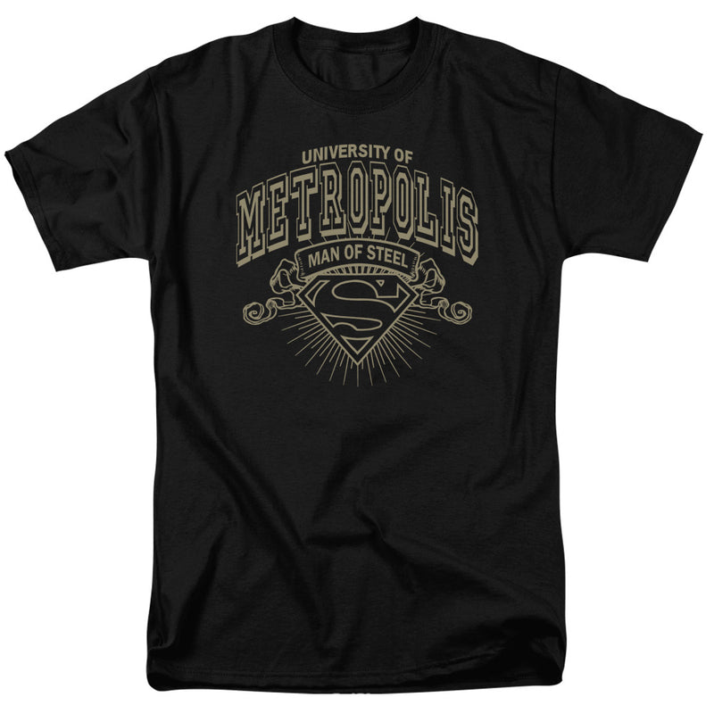 Black short-sleeved t-shirt featuring a tan Superman shield logo with the text 'University of Metropolis' above 'Man of Steel' on a banner.