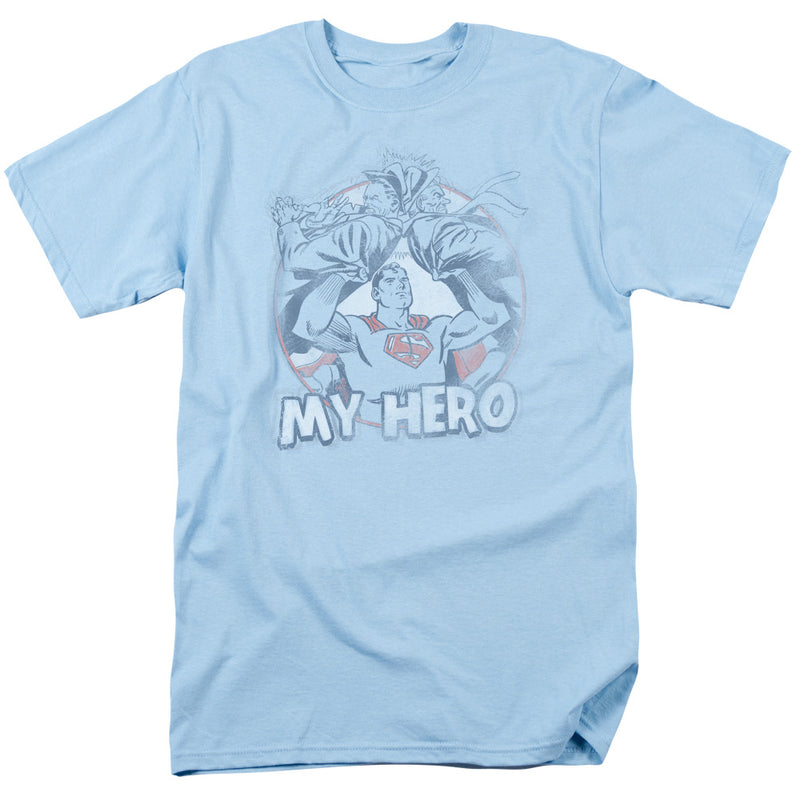 Light blue short-sleeved t-shirt featuring a vintage Superman illustration in a circle with the text 'MY HERO' in white below it.