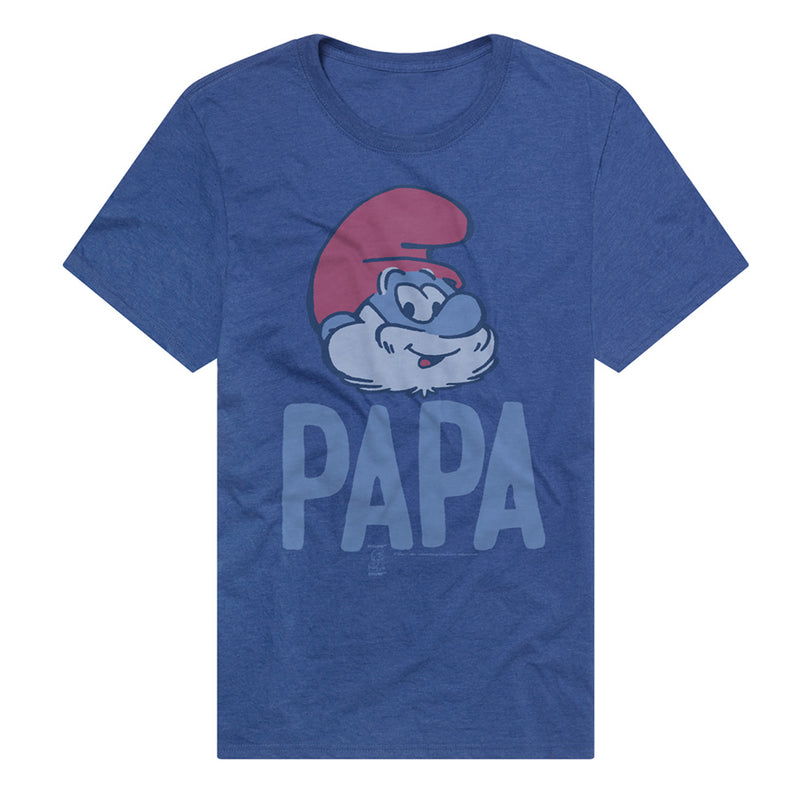 Royal blue t-shirt featuring a Papa Smurf head with a red hat and white beard above the text 'PAPA' in matching blue.