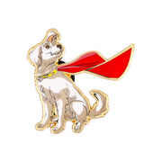 Gold-toned enamel pin featuring Krypto the Superdog with a red cape flowing behind him.