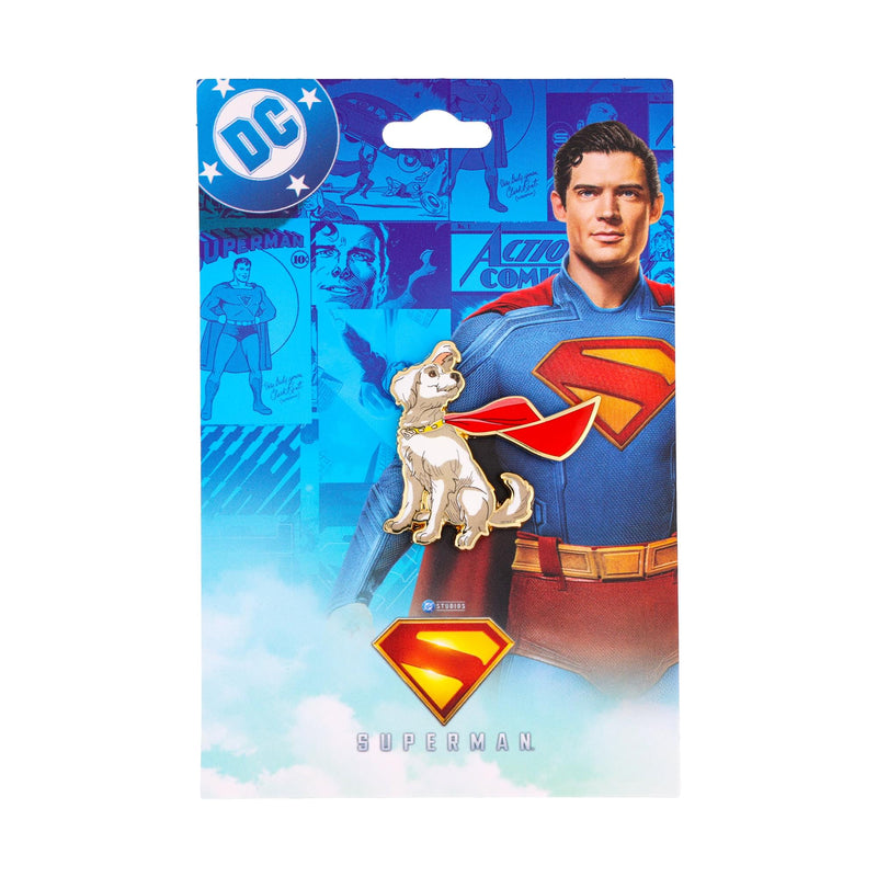 Krypto enamel pin on a DC card with the text 'SUPERMAN' and the Superman shield, shown with a Superman backdrop.