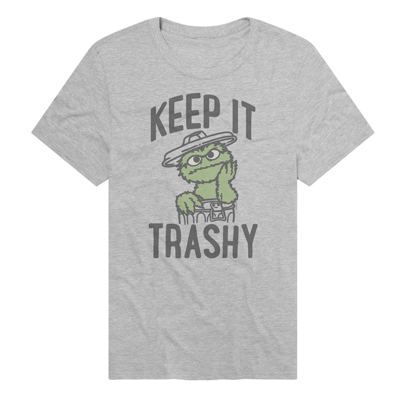 Heather gray t-shirt featuring Oscar the Grouch in a trash can between the text 'KEEP IT TRASHY' in dark gray above and below.