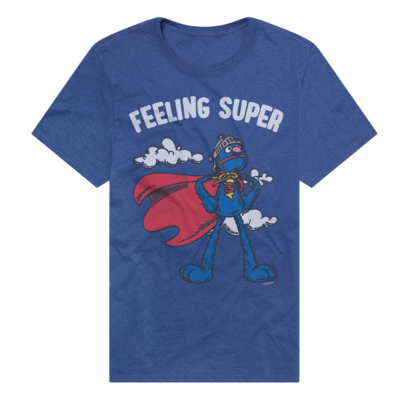 Heather blue t-shirt featuring Grover in a red cape and superhero pose with the text 'FEELING SUPER' in white above it.