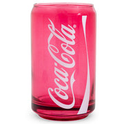 Red can-shaped glass cup featuring the white Coca-Cola script logo with the text 'Coca-Cola' in white running vertically down the side.