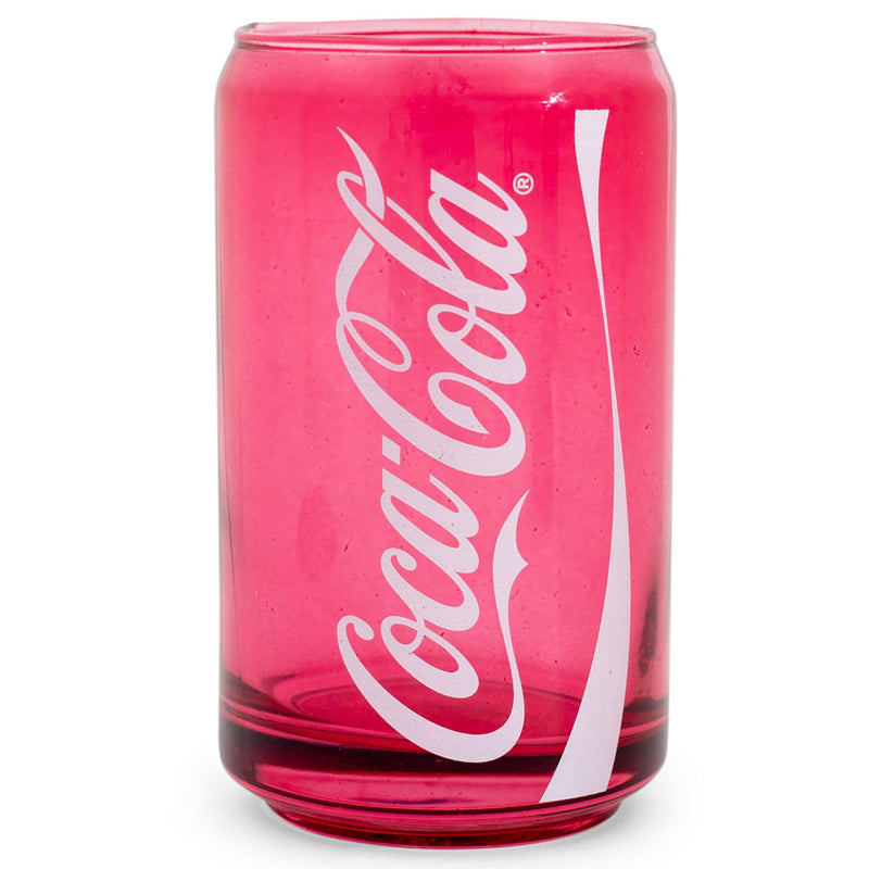 Red can-shaped glass cup featuring the white Coca-Cola script logo with the text 'Coca-Cola' in white running vertically down the side.