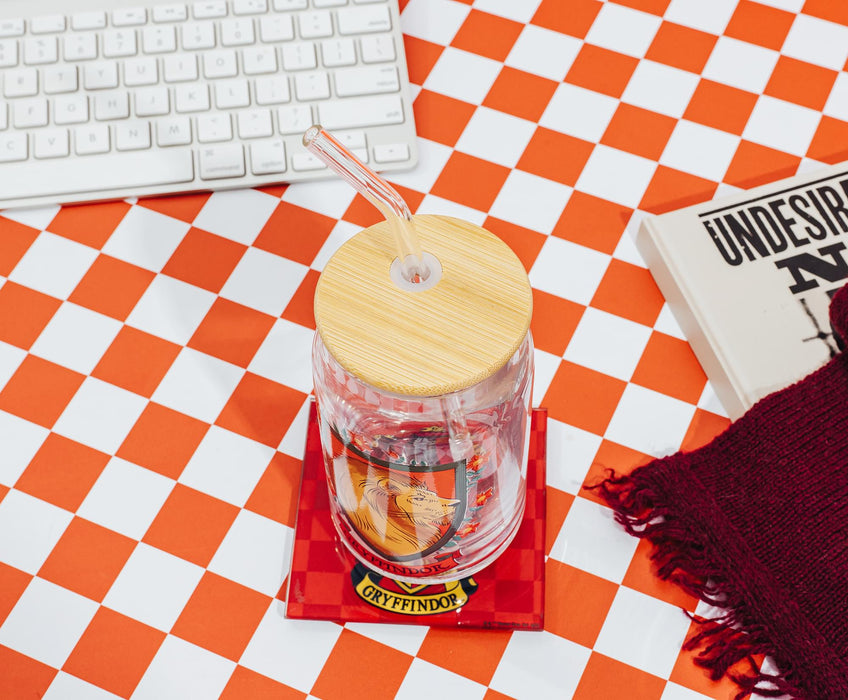 Harry Potter - Gryffindor House Mascot Glass Tumbler With Bamboo Lid and Straw