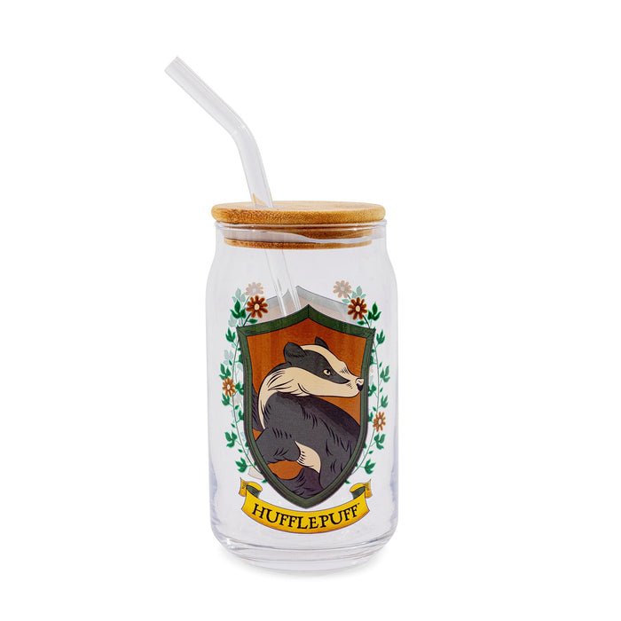 Harry Potter - Hufflepuff House Mascot Glass Tumbler With Bamboo Lid and Straw