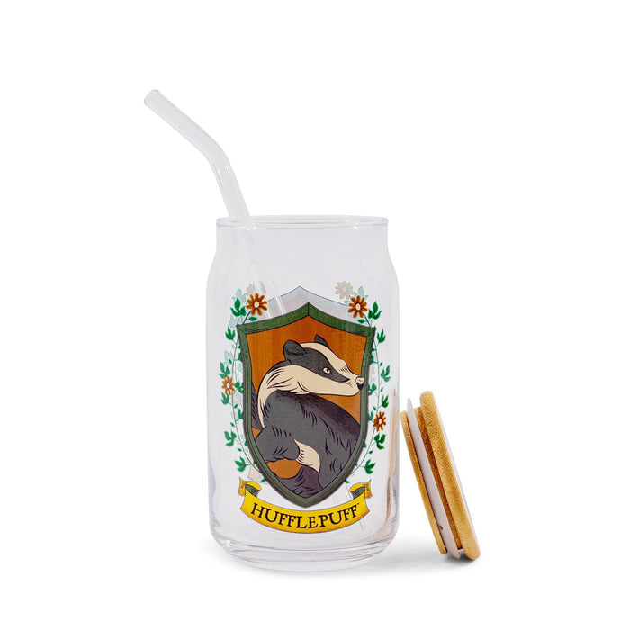 Harry Potter - Hufflepuff House Mascot Glass Tumbler With Bamboo Lid and Straw