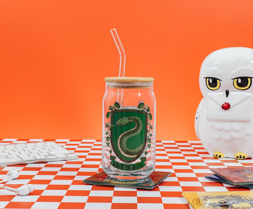 Harry Potter - Slytherin House Mascot Glass Tumbler With Bamboo Lid and Straw
