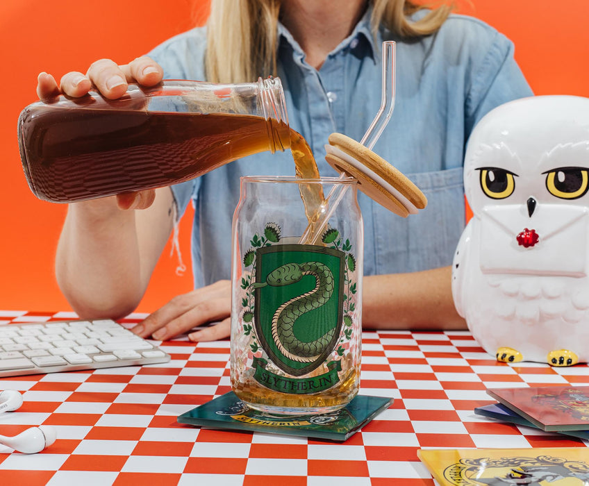 Harry Potter - Slytherin House Mascot Glass Tumbler With Bamboo Lid and Straw
