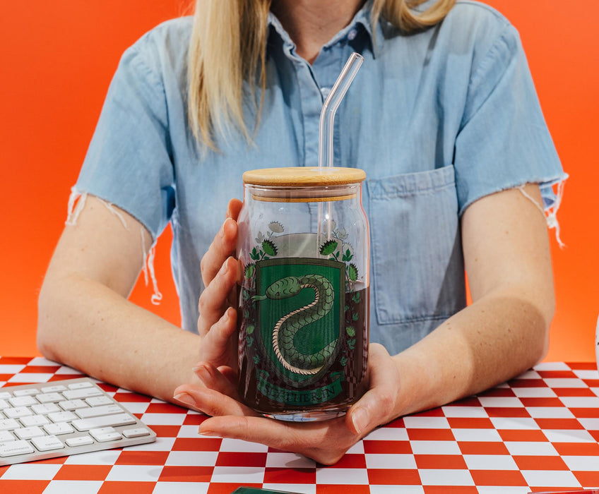 Harry Potter - Slytherin House Mascot Glass Tumbler With Bamboo Lid and Straw