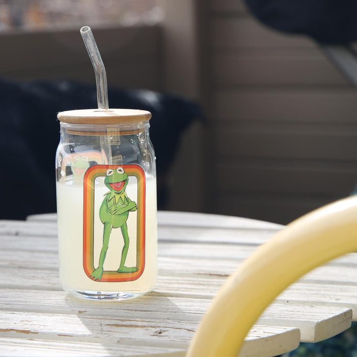 The Muppets - Kermit the Frog 16-Ounce Glass Tumbler with Bamboo Lid and Straw