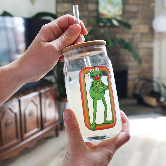 The Muppets - Kermit the Frog 16-Ounce Glass Tumbler with Bamboo Lid and Straw