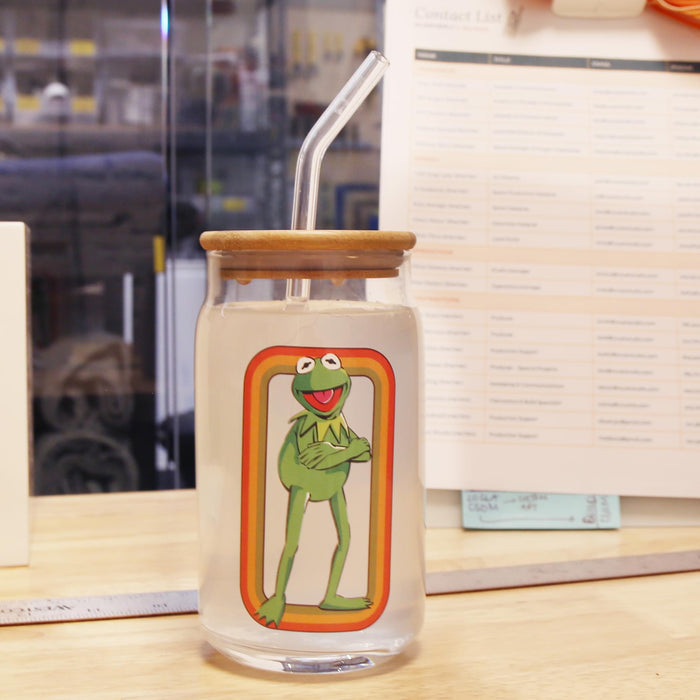 The Muppets - Kermit the Frog 16-Ounce Glass Tumbler with Bamboo Lid and Straw