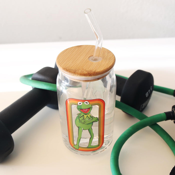 The Muppets - Kermit the Frog 16-Ounce Glass Tumbler with Bamboo Lid and Straw