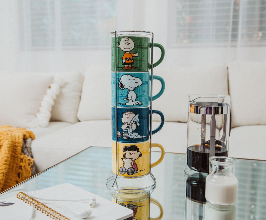 Peanuts Characters Ceramic Stacking Mug Set With Rack | Each Holds 10 Ounces